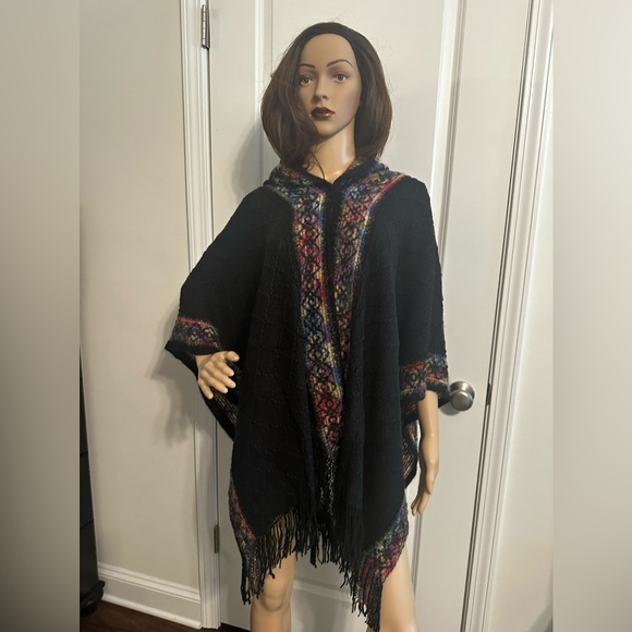 NIP- Color Block Drop Shoulder Hooded Open Poncho - Picture 5 of 6